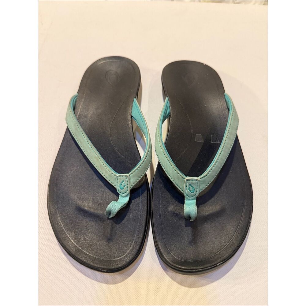 OluKai Black Flip-Flops with Mint Green Straps